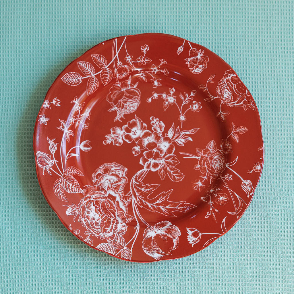 Cherry Chinoiserie porcelain dinner plates with red and white botanical pattern, holiday hosting set of 4