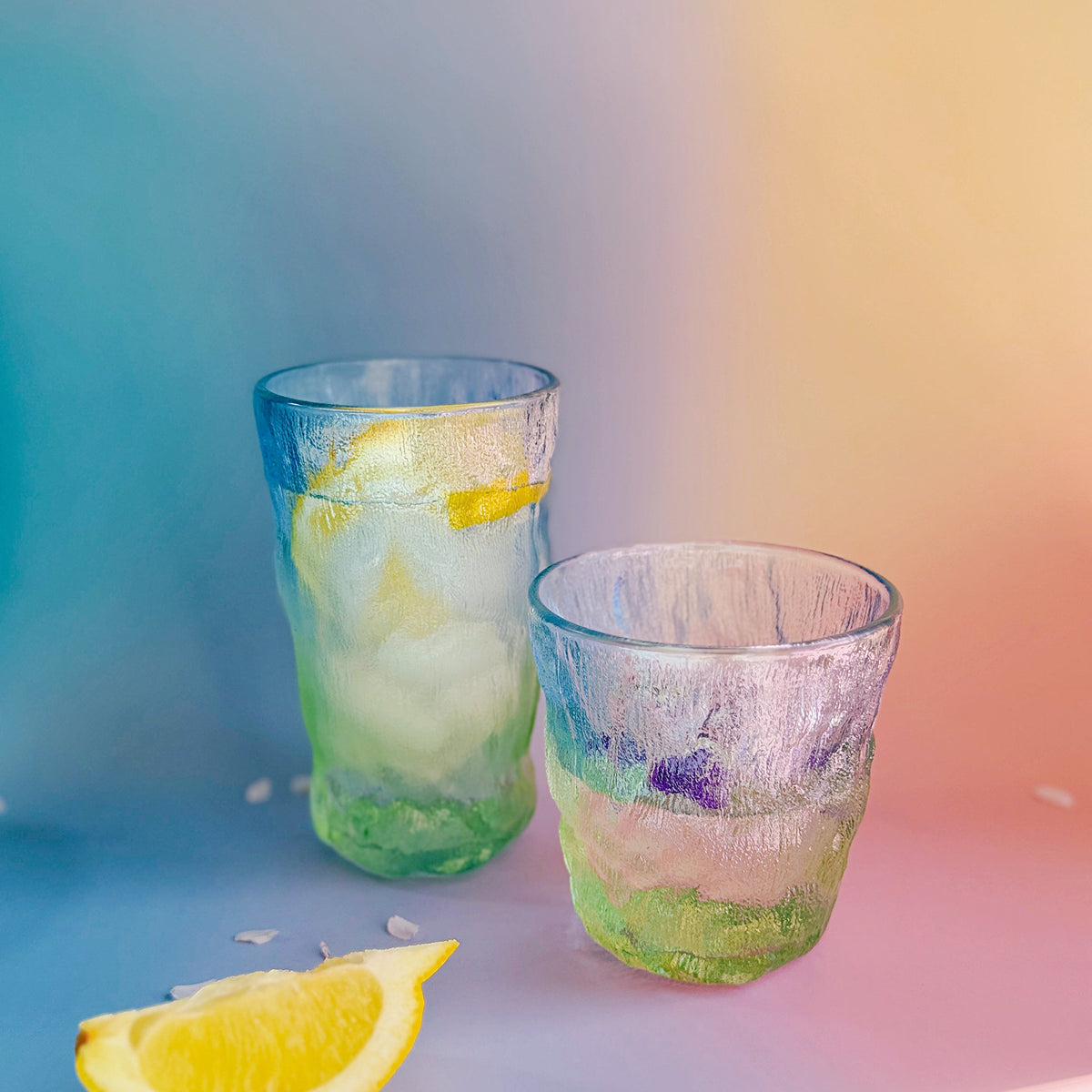 Coastal Hues rippled glassware set of 2 with blue-to-green ombre wash in matte or glossy finish