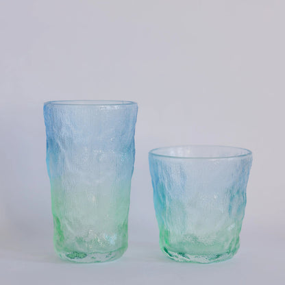 Coastal Hues glassware set of two, tall and short tumblers in blue-to-green ombre with crinkled texture