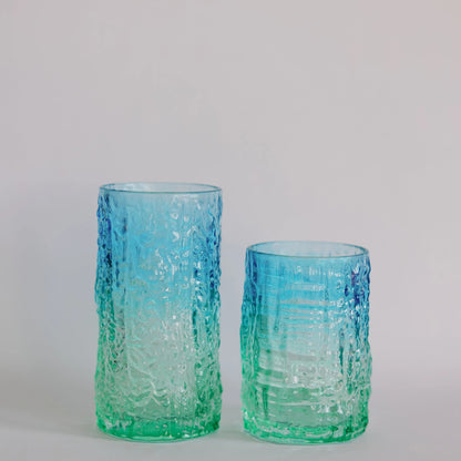 Coastal Hues textured glasses, highball and lowball pair showing icy bark-like ripples in blue and green