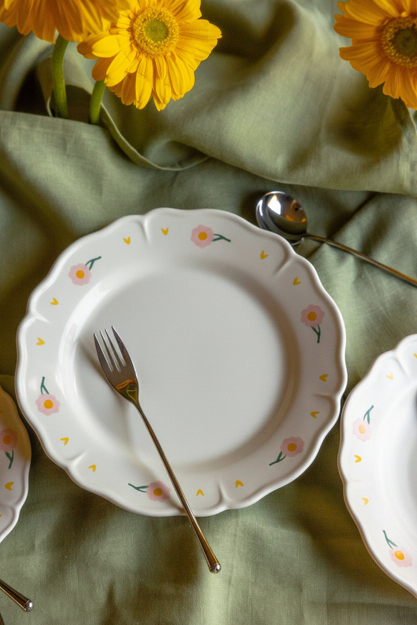 Coquette Picnic floral plates with a silver fork on a green linen, yellow daisies above.