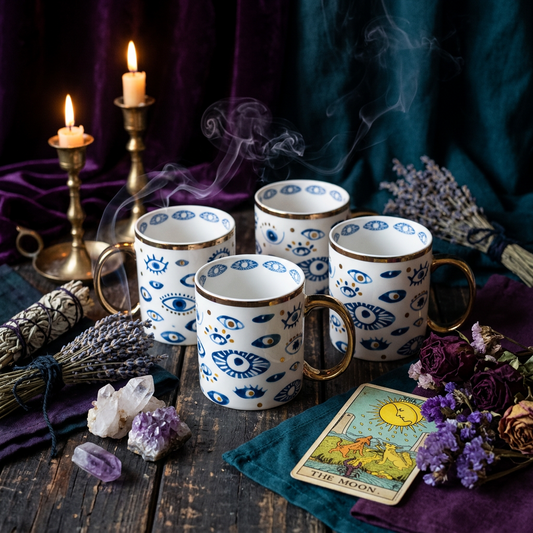 Four white ceramic mugs with blue eye and moon motifs and gold rims, arranged on a dark wooden table with candles, lavender, crystals, and a tarot card in a moody setting.