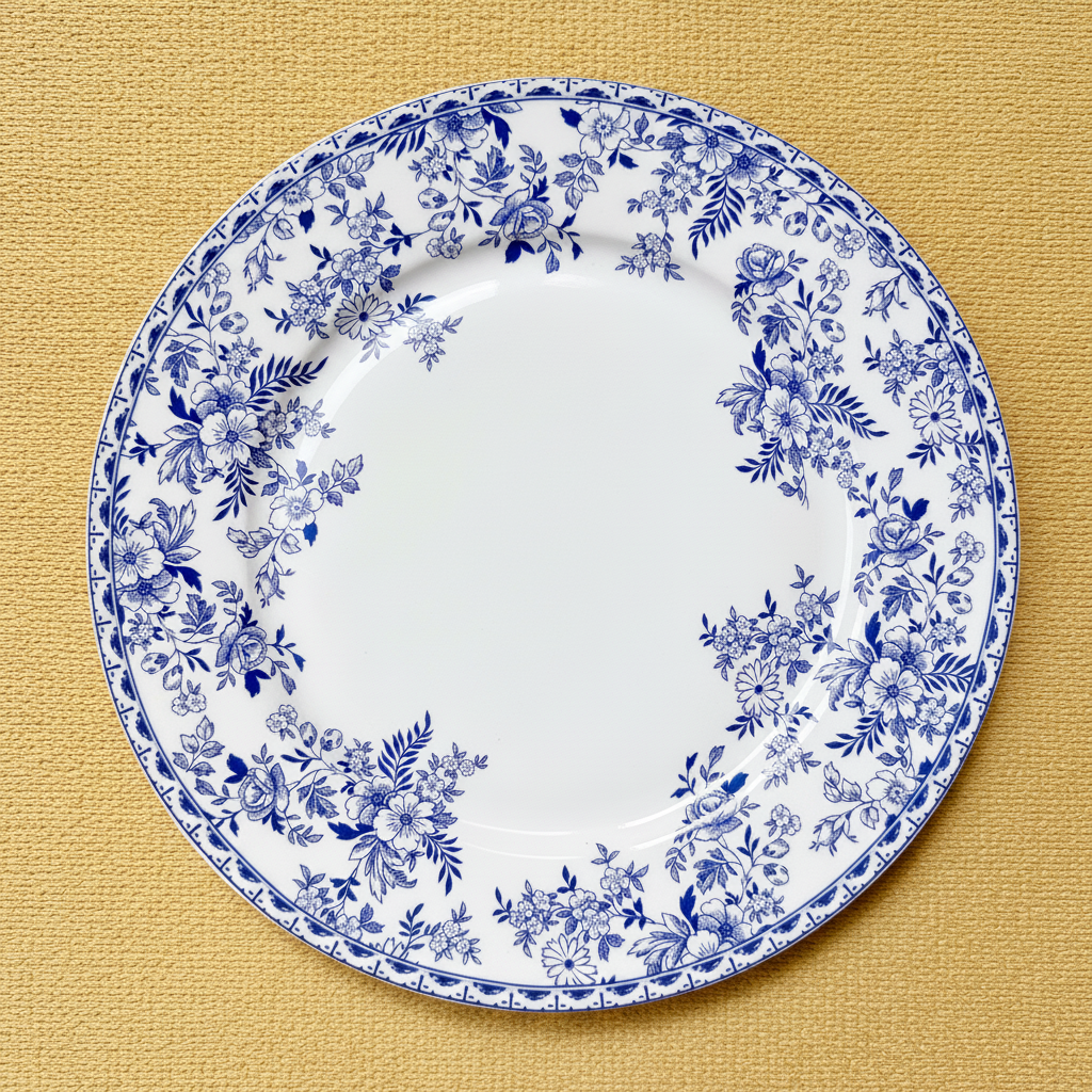 A round white ceramic plate with a blue floral border pattern, photographed from directly above on a textured mustard-yellow surface.