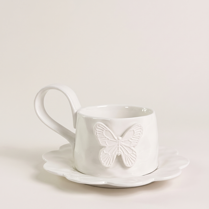 Ivory Butterfly Mug and Saucer Set, Set of 4