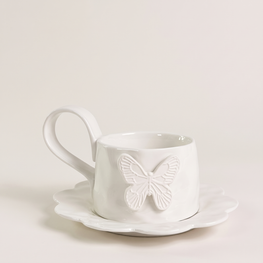 Ivory Butterfly Mug and Saucer Set, Set of 4