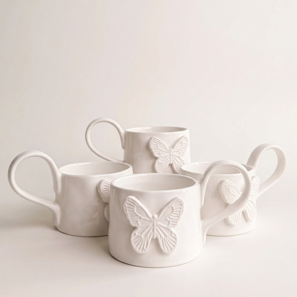 Ivory Butterfly Mug and Saucer Set, Set of 4