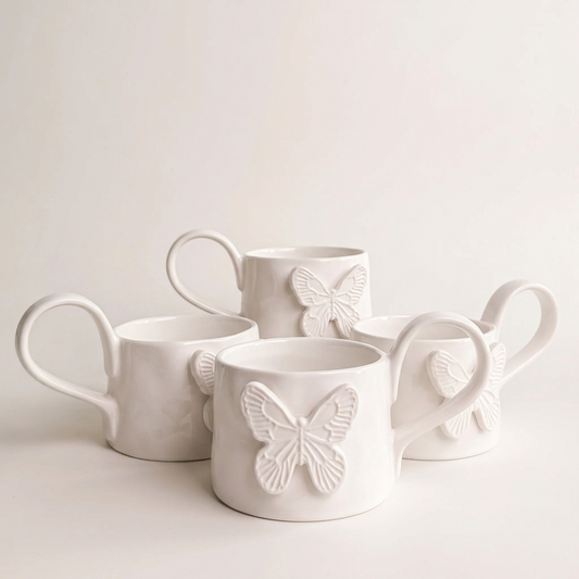 Ivory Butterfly Mug and Saucer Set, Set of 4