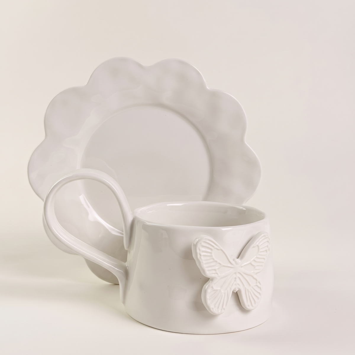 Ivory Butterfly Mug and Saucer Set, Set of 4