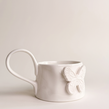 Ivory Butterfly Mug and Saucer Set, Set of 4