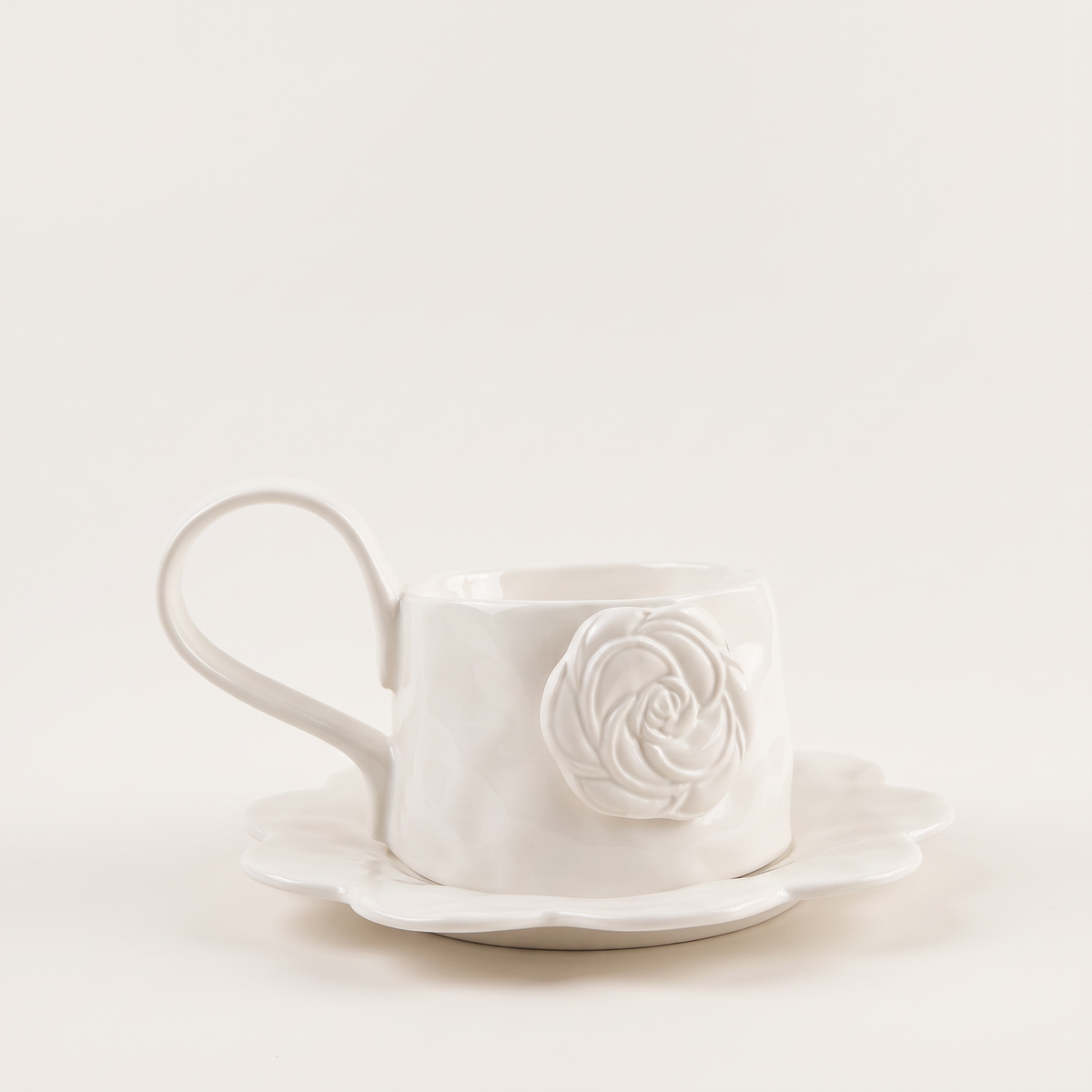 Ivory Rose Ceramic Mug and Saucer, Set of 4
