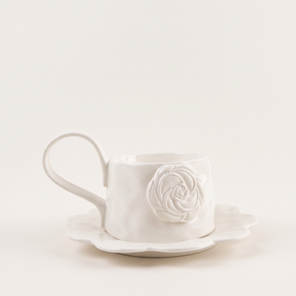 Ivory Rose Ceramic Mug and Saucer, Set of 4
