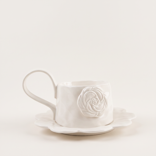 Ivory Rose Ceramic Mug and Saucer, Set of 4