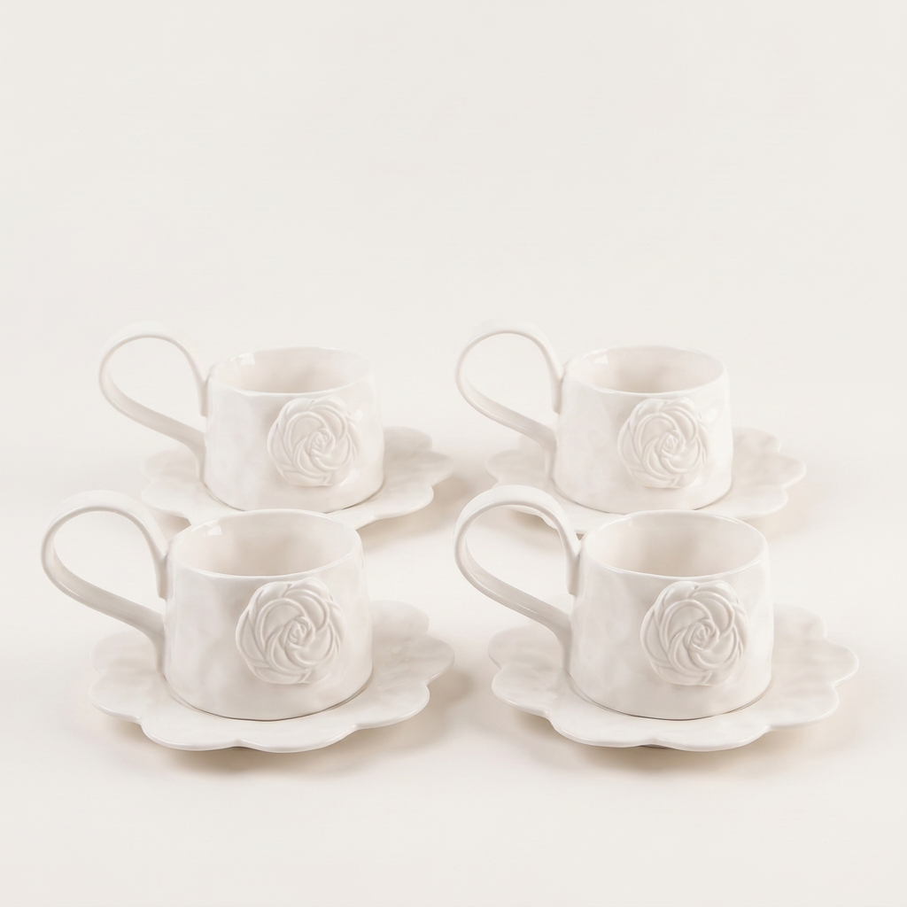 Ivory Rose Ceramic Mug and Saucer, Set of 4