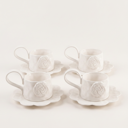 Ivory Rose Ceramic Mug and Saucer, Set of 4