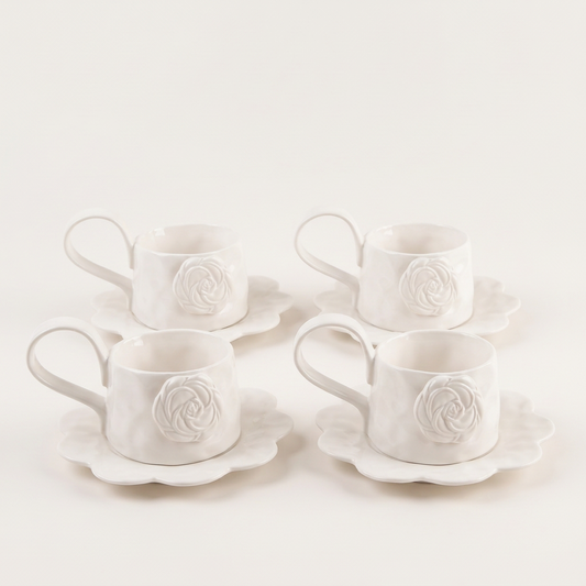 Ivory Rose Ceramic Mug and Saucer, Set of 4