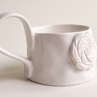 Ivory Rose Ceramic Mug and Saucer, Set of 4