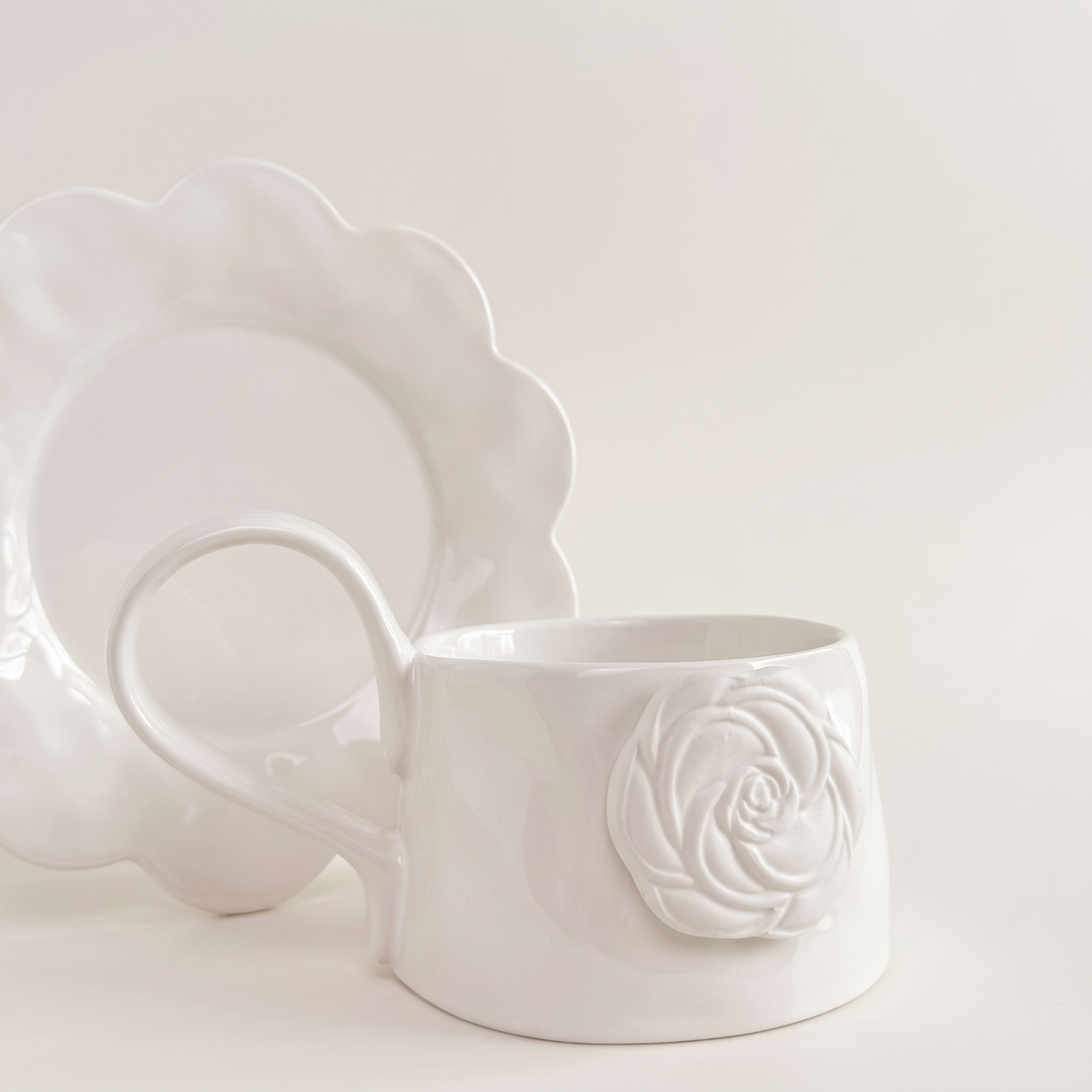 Ivory Rose Ceramic Mug and Saucer, Set of 4