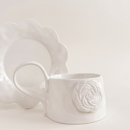 Ivory Rose Ceramic Mug and Saucer, Set of 4