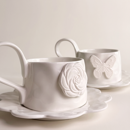 Ivory Rose Ceramic Mug and Saucer, Set of 4