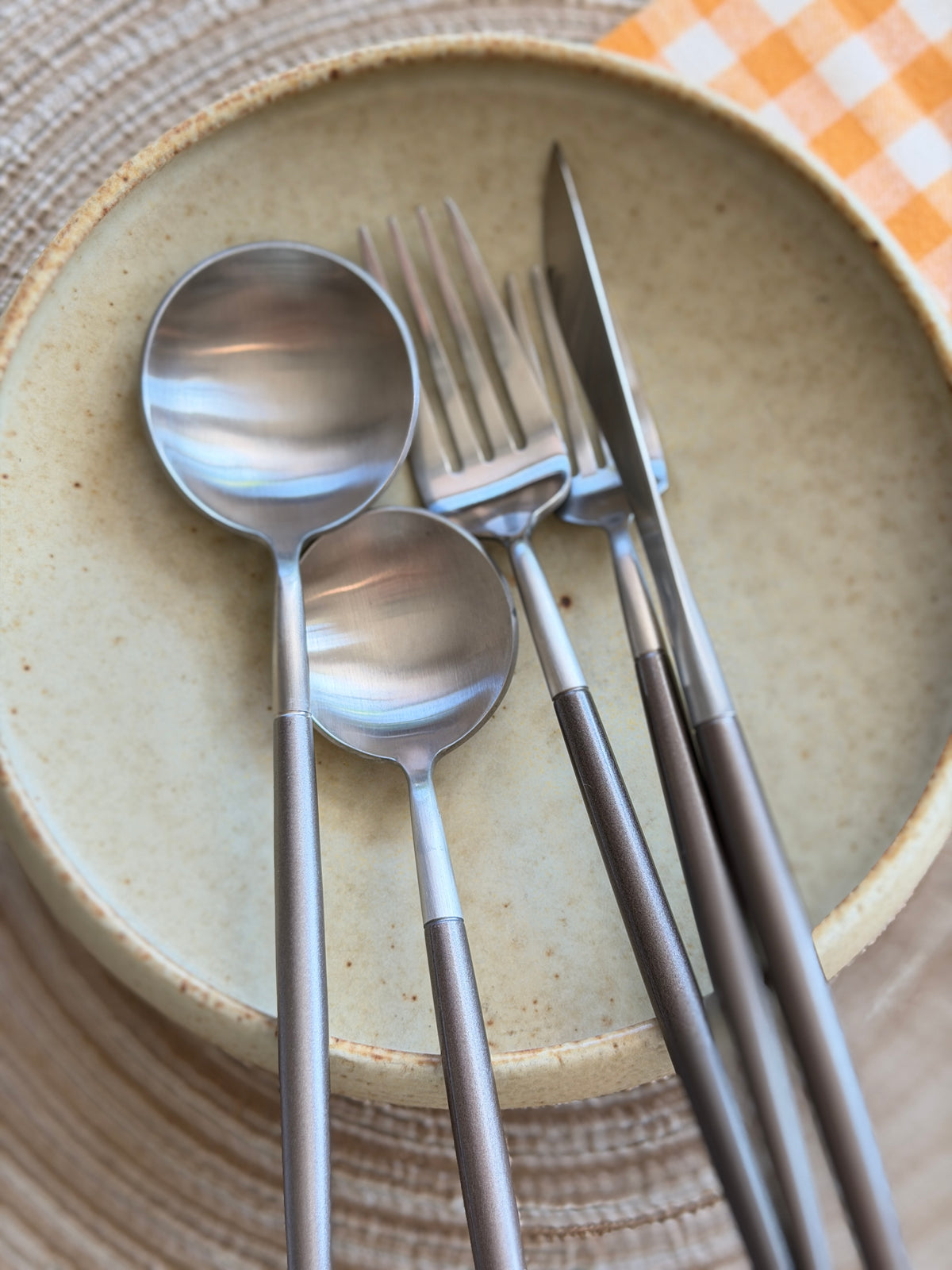 Close-up of matte stainless steel spoons, fork and knife with two-tone handles on a speckled plate.