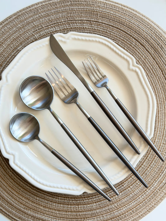 Matte stainless steel silverware set of 10 with dark brushed steel handles for 2 place settings