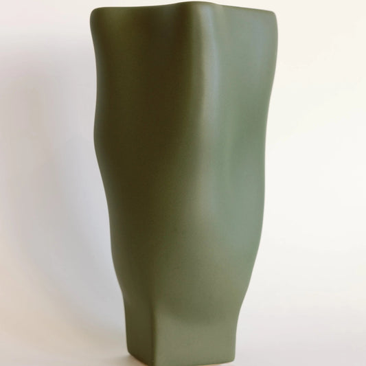 Olive green ceramic vase with rippled wavy sides and matte finish, full front view