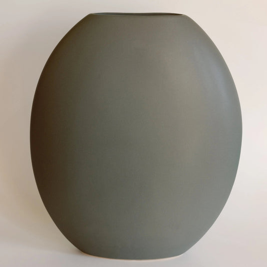 Pebble ceramic vase in sage grey-green, smooth oval silhouette viewed straight on