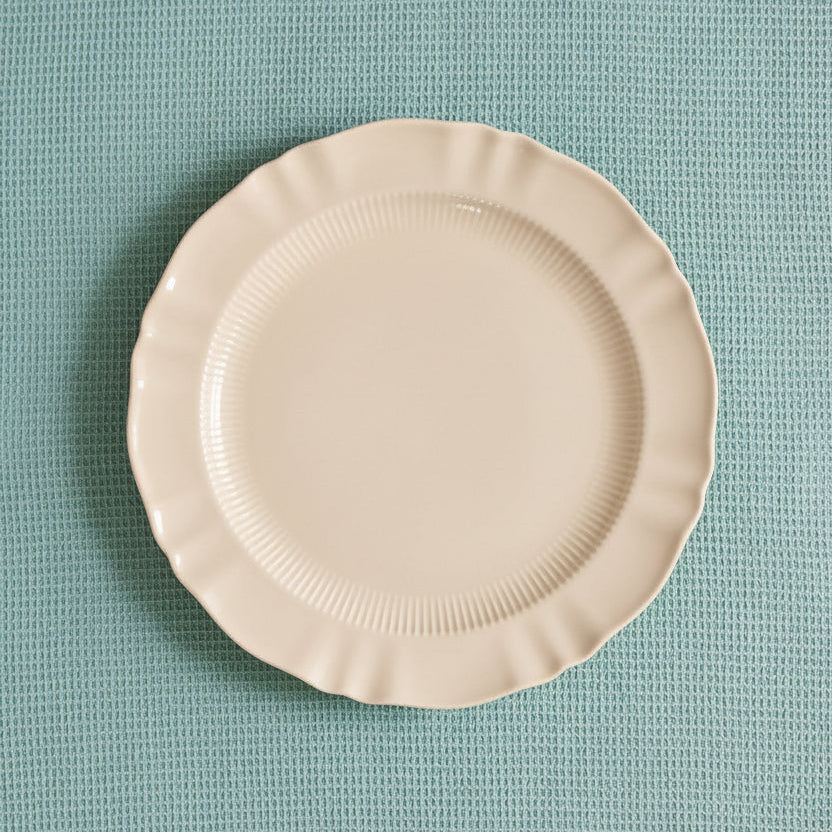 Provence Pleated porcelain plates with sculpted pleated rim in soft cream, dinner and salad sets of 4