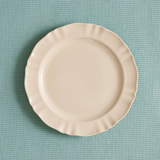 Provence Pleated porcelain plates with sculpted pleated rim in soft cream, dinner and salad sets of 4
