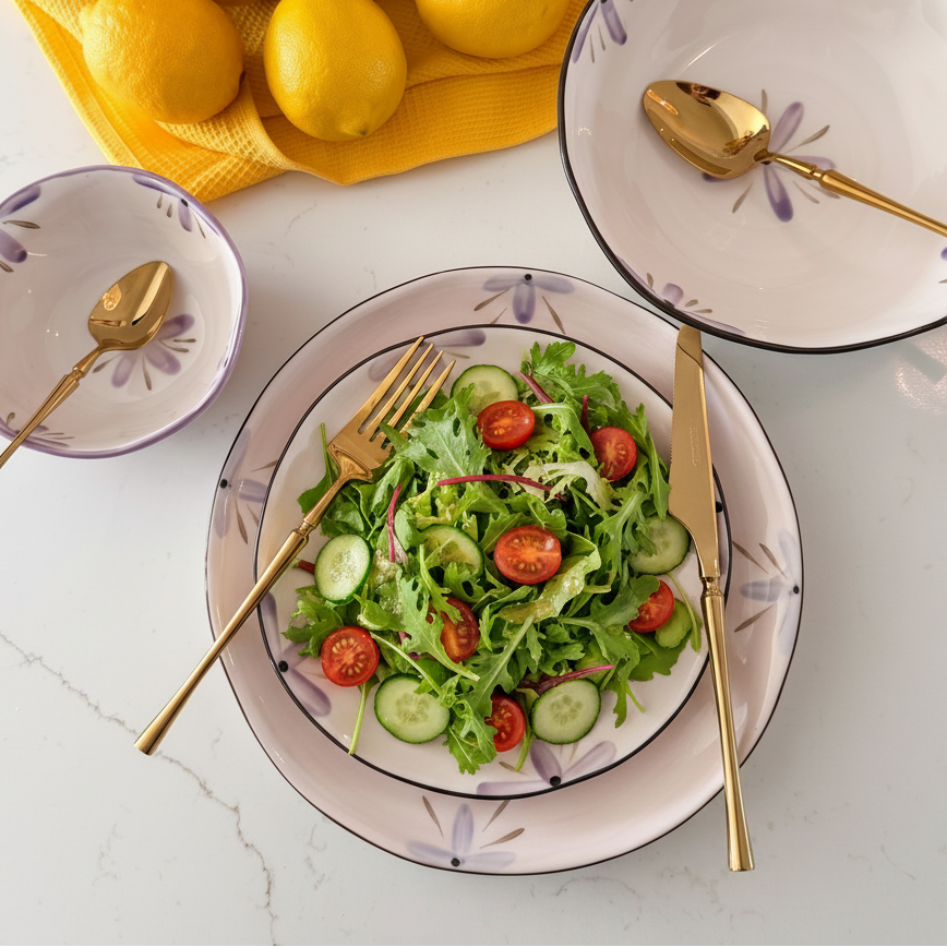 A styled tabletop scene showing a set of ceramic plates and gold-toned cutlery. The main subject is a large oval plate holding a green salad with cucumber and cherry tomatoes, surrounded by matching dinnerware: a small bowl, a medium bowl, and a large bowl, all with a white base and purple floral pattern.