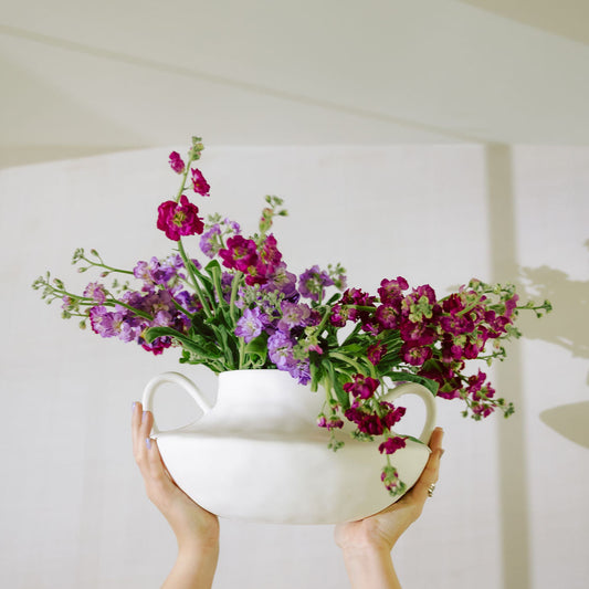 Stout Amphora Ceramic Vase, white double-handled bowl vase held overhead, filled with purple and magenta stock flowers.