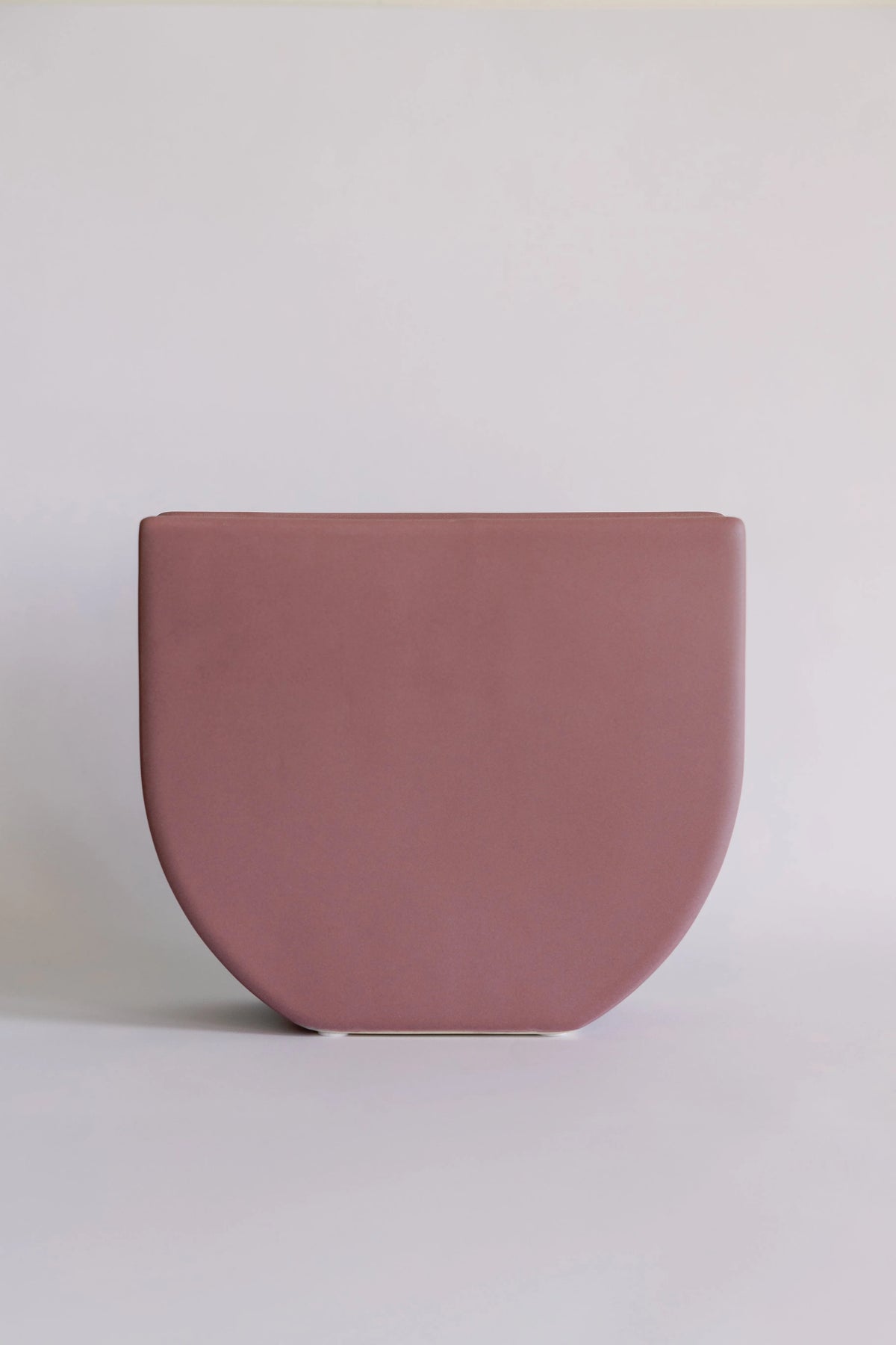 Sunrise ceramic vase in dusty mauve pink, rounded U-shaped body with flat squared shoulders