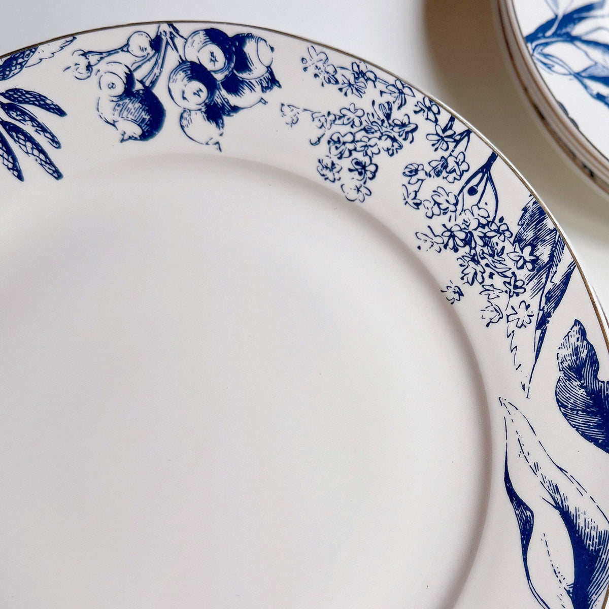 White plates with blue floral patterns on a white background