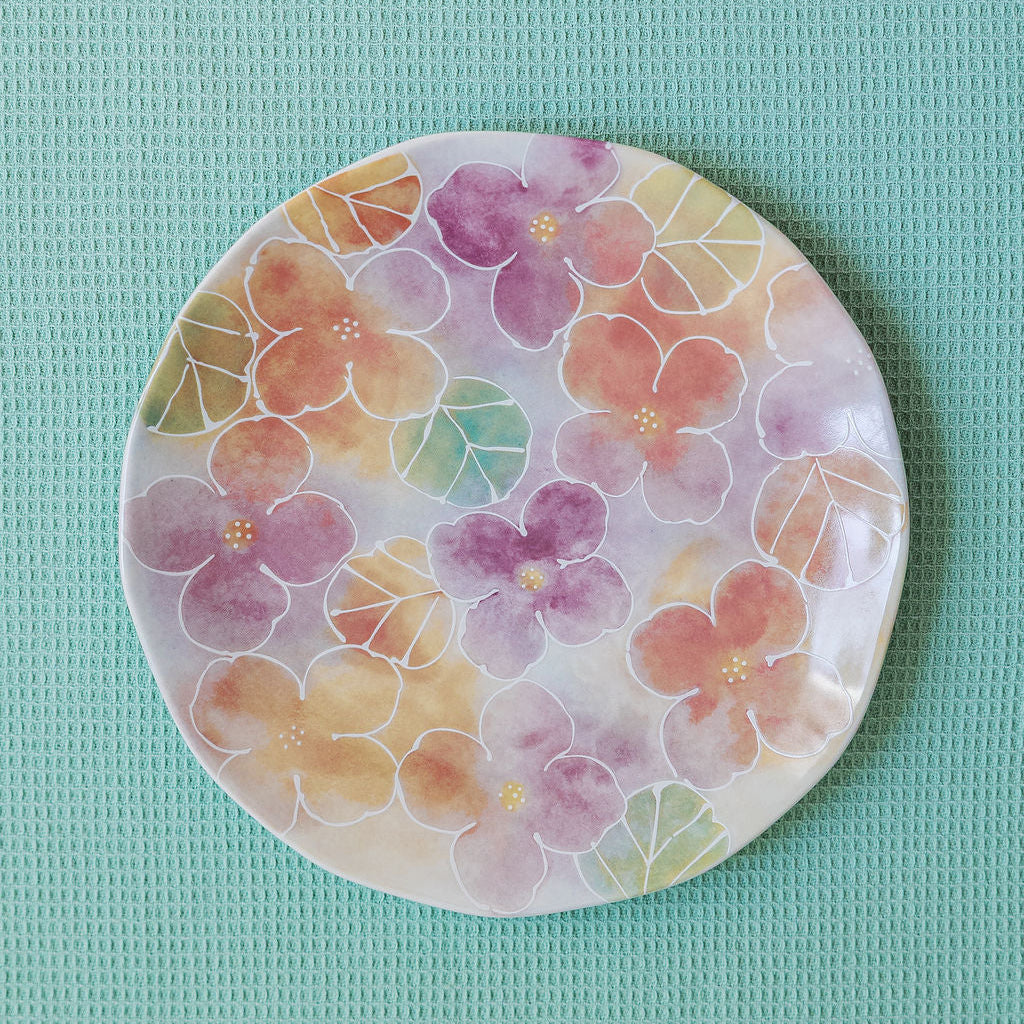 Watercolor Wildflower porcelain dinner plates with warm pastel floral pattern, cottagecore set of 2